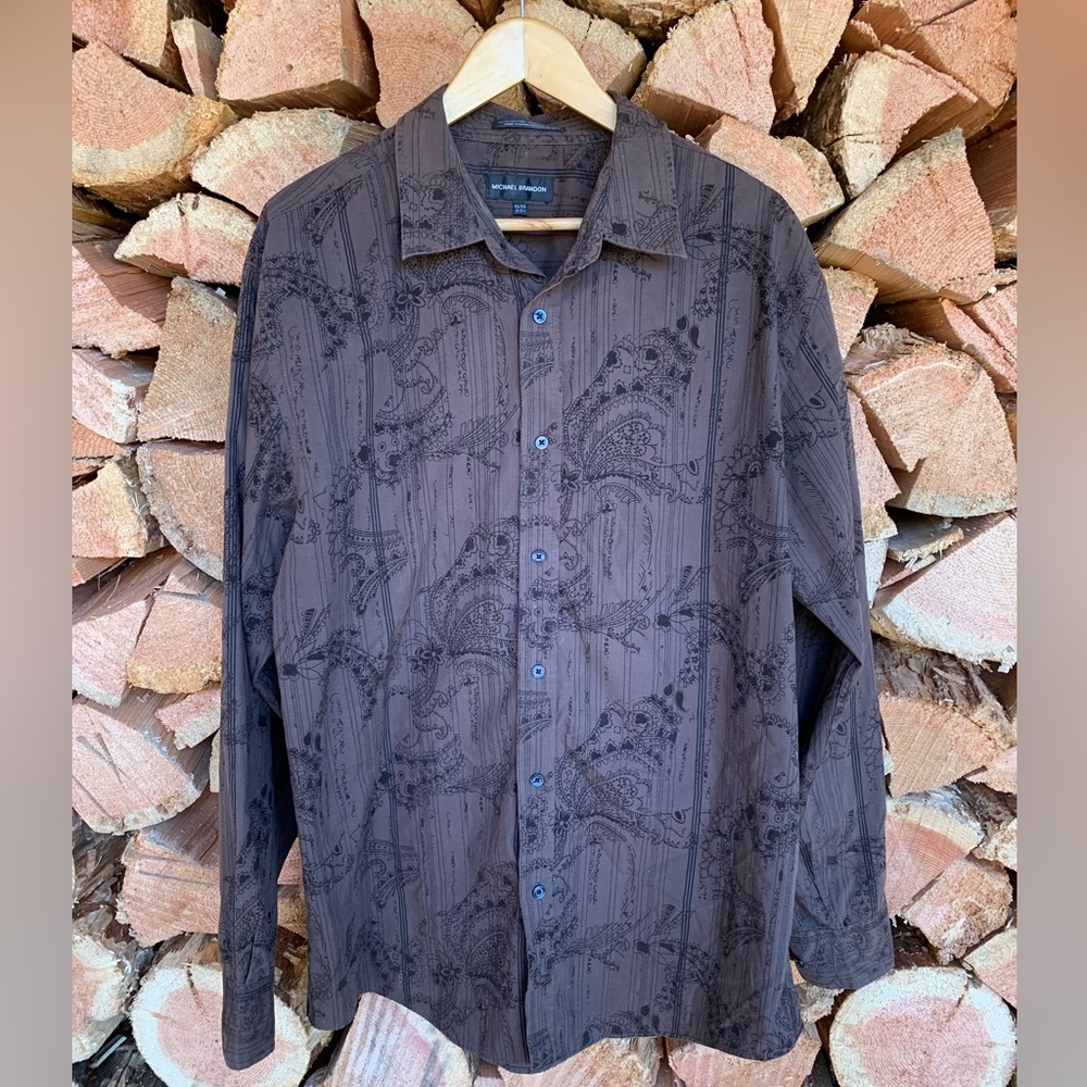 Paisley Dress Shirt Mens 2XL Brown Long Sleeve Button‎ Up Michael Brandon